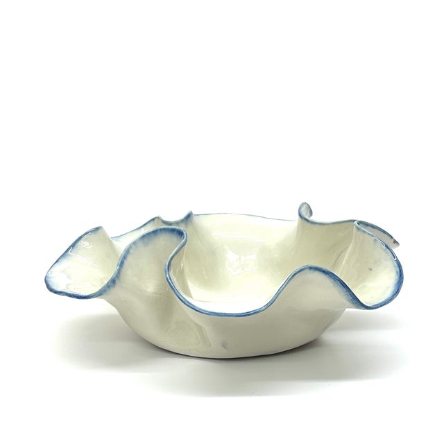 Ceramic Sculpted Artisanal Blue & White Earthenware Bowl For Sale - Image 7 of 10