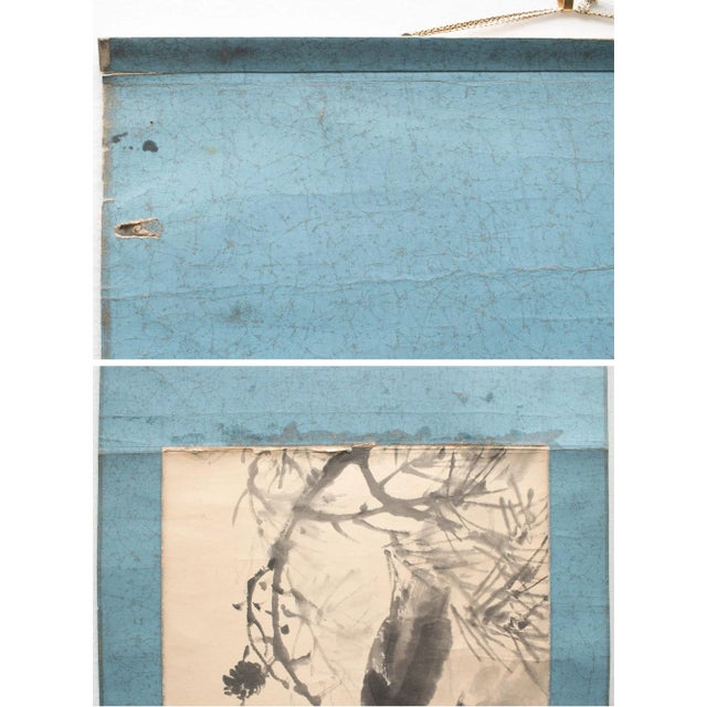 Khaki Late Meiji to Early Showa Era Japanese Monochrome Watercolor Scroll Painting, "Red-Crowned Crane and the Plum Tree" For Sale - Image 8 of 12