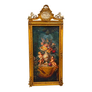 French Rococo Floral Panel – Ornate Gold Leaf Frame With Cherub & Garden Scene For Sale