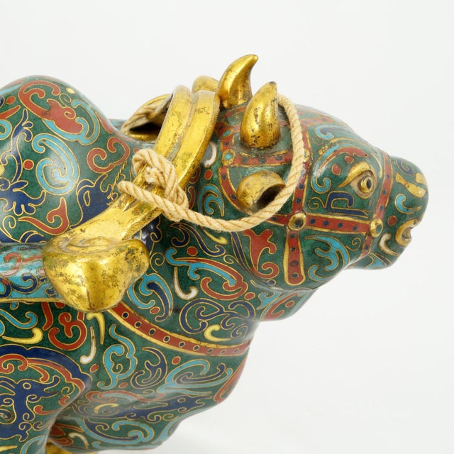Metal Chinese Brass Gilt Ox Drawn Cart With Cloisonné and Enamel 20th Century For Sale - Image 7 of 18