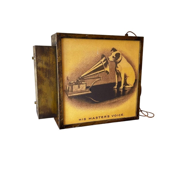 1950s Mid-Century Industrial Illuminated Double-Sided Sign Cabinet with His Master's Voice Panels, 1950 For Sale - Image 5 of 10