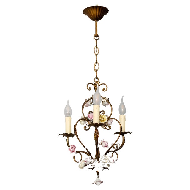 Italian Florentine Golden Metal Three-Light Chandelier with Porcelain Roses, 1970s For Sale