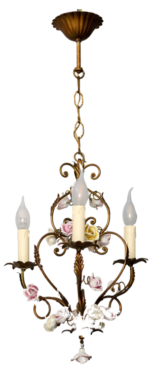 Italian Florentine Golden Metal Three-Light Chandelier with Porcelain Roses, 1970s