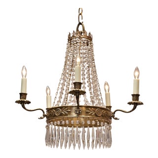 Five Light Brass Empire Style Chandelier, Circa:1930, France For Sale