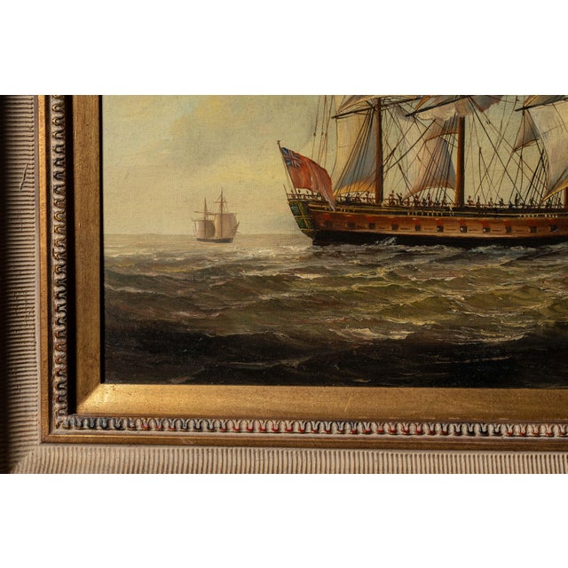 Textile Mid Century British Sailing Ship Maritime Oil Painting For Sale - Image 7 of 8
