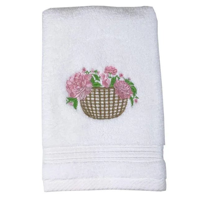 English Basket of Peonies Guest Towel in White Terry, Embroidered For Sale - Image 3 of 5