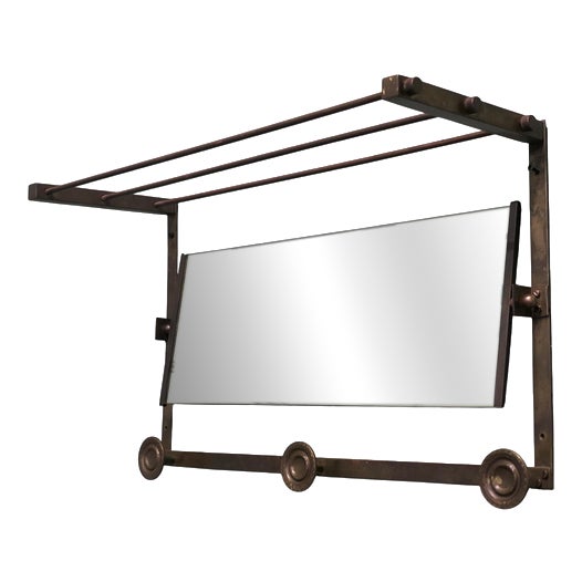 Arts and Crafts French Brass Hall Mirror with Shelf and 3 Coat Hooks, 1930 For Sale