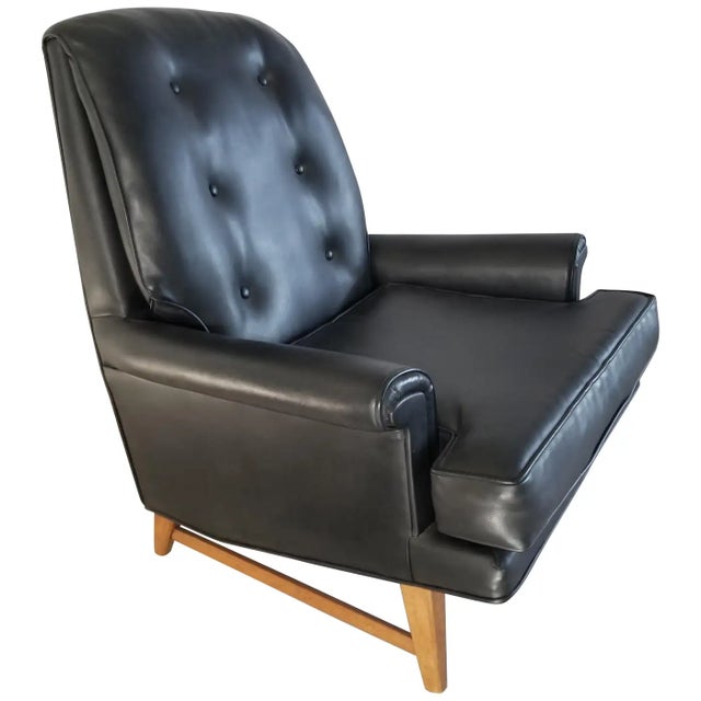 Classic 1950s Heritage Black Lounge Chair Faux Leather Mahogany For Sale - Image 15 of 15