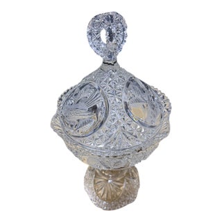 Vintage West German Hofbauer "Byrdes" Cut Crystal Lidded Covered Compote For Sale