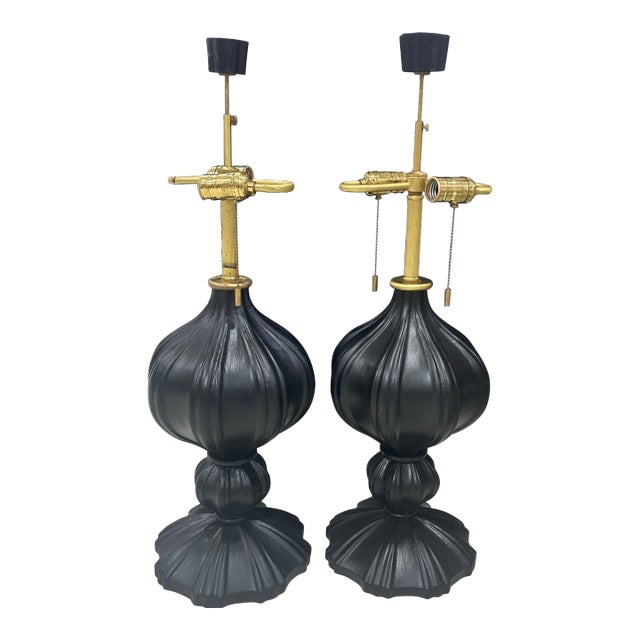 Vintage Ebonized Wood Carved Lamps - a Pair For Sale