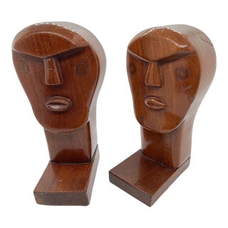 Mid Century Modern Abstract Face Wood Bookends- Set of 2 For Sale