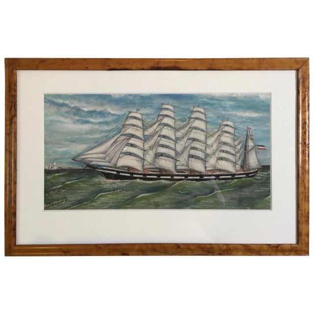 Carl Herting Gouache on Paper of Sailing Four Masted Tall Ship For Sale - Image 10 of 10