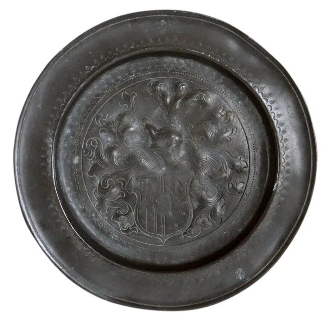 German Pewter Repousse and Chased Armorial Reeded Edge Plate For Sale In Denver - Image 6 of 6