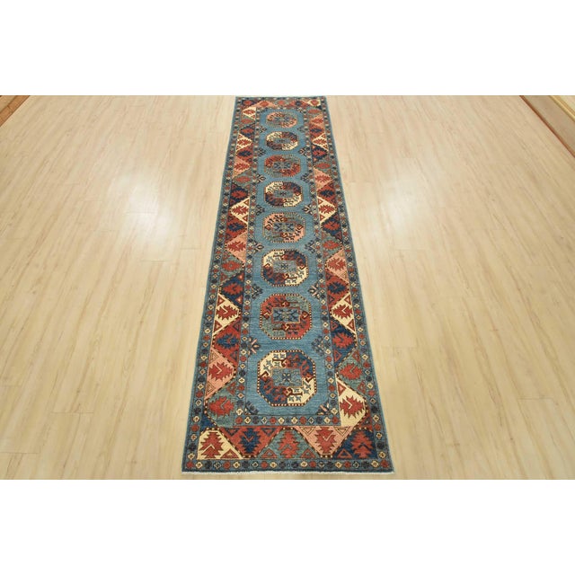 Farmhouse Kazak Runner 2’9” X 9’6” Blue Wool Tribal Hand-Knotted Oriental Rug For Sale - Image 3 of 12