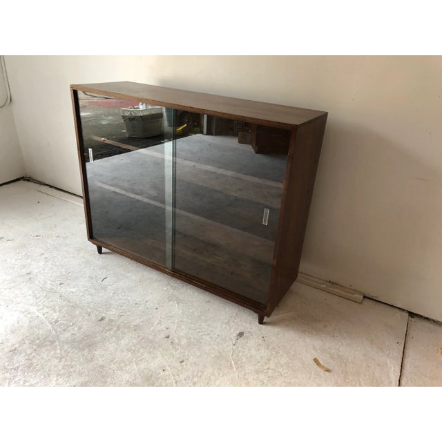 Midcentury Walnut Deep Standing Bookcase, w/new glass, restored. Excellent for large books, adjustable shelves;