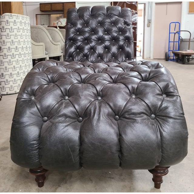 Henredon Chesterfield Mahogany Tufted Charcoal Grey Leather Chaise