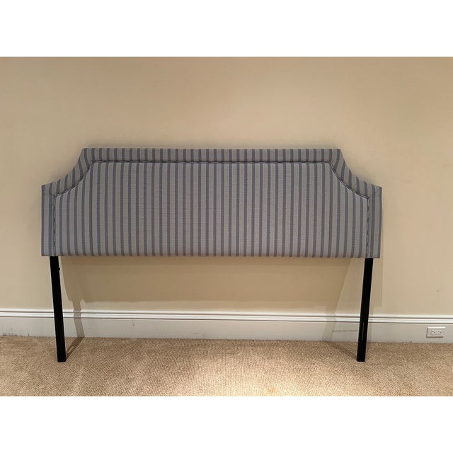 King size headboard reupholstered in designer cornflower blue striped fabric. Grey tones and miniature checks and diamond...