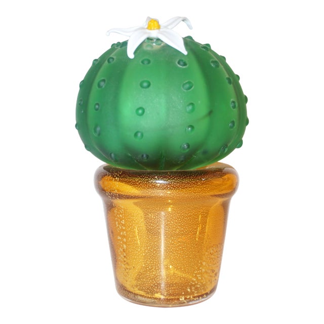 Formia 1990s Vintage Italian Green Murano Glass Cactus Plant With White Flower For Sale