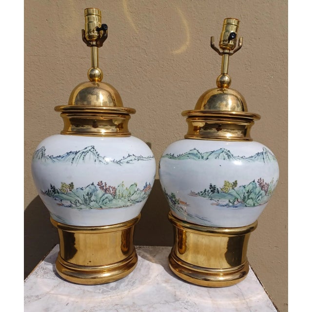 Pair of Vintage Mid 20th Century Asian Bronze and Porcelain Lamps For Sale - Image 4 of 4