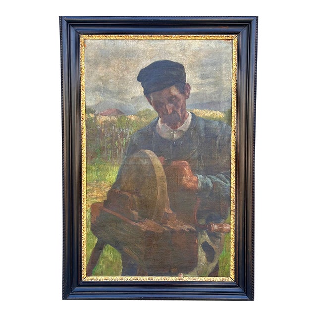Antique Austrian Oil Painting of a Farm Worker For Sale