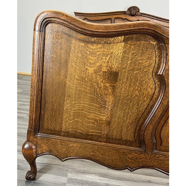 Vintage French Louis XVI Style Oak Double Bed Frame with Carved Headboard For Sale - Image 5 of 10