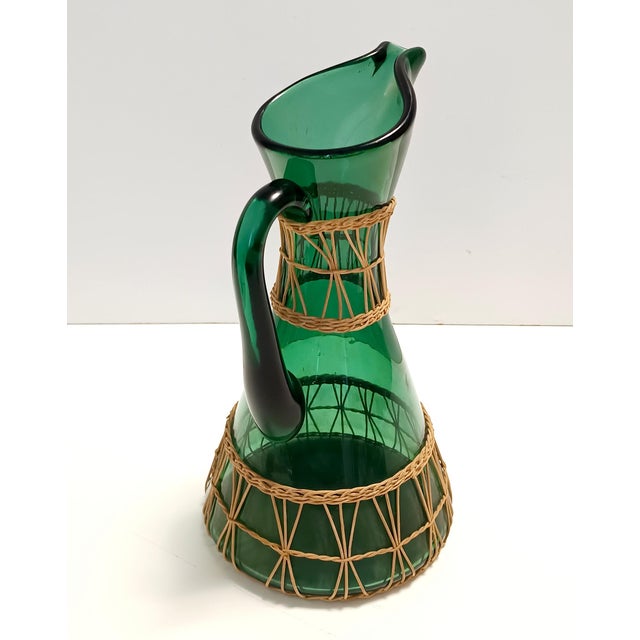 Forest Green Green Hand Blown Glass and Wicker Jug, Empoli, Italy, 1960s For Sale - Image 8 of 13