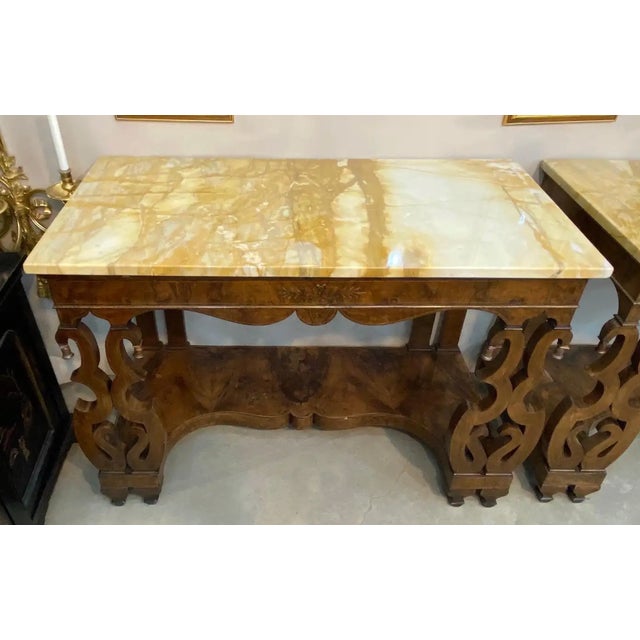 Pair of 19th Century Continental Inlaid Walnut Consoles With Yellow Onyx Tops For Sale - Image 4 of 15