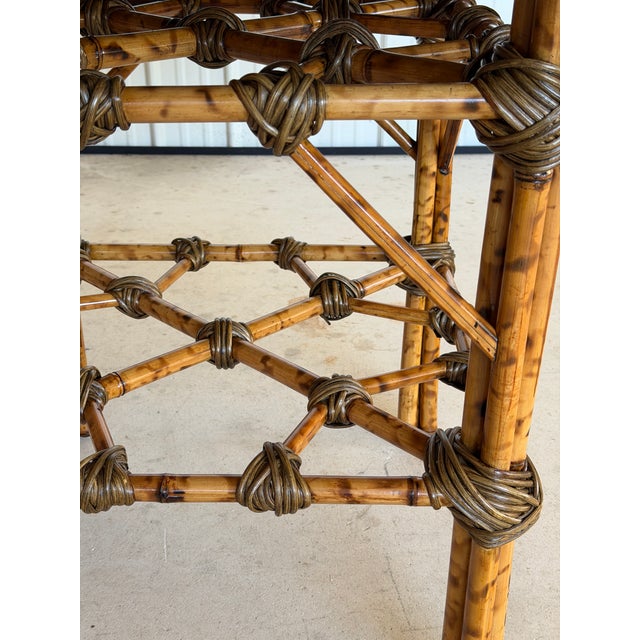 Vintage Coastal Tortoise Bamboo Octagonal Dining Table With Decoupage Floral Top For Sale - Image 9 of 12
