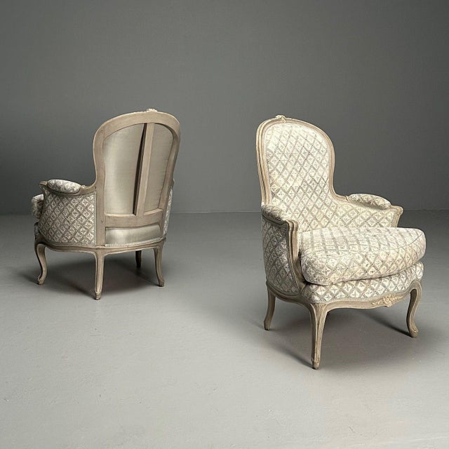 Wood Louis XV Style, Bergère Chairs, Grey Painted Wood, Fabric, France, 1890 For Sale - Image 7 of 18