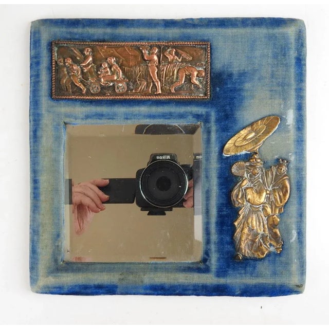 Late 19th Century Small Antique Chinoiserie Velvet Brass Copper Mirror For Sale - Image 5 of 5