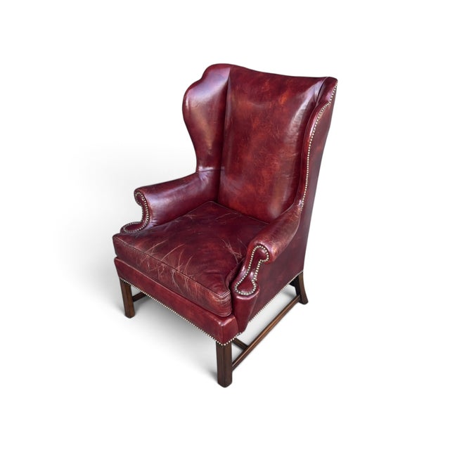 Vintage Burgundy Leather Wingback Chair With Brass Nailhead Trim by Baker For Sale - Image 14 of 18