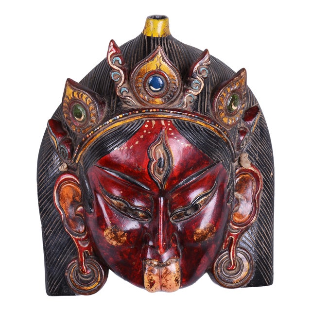Antique Asian Facial Mas in Lacquered and Painted Wood, 1890s For Sale