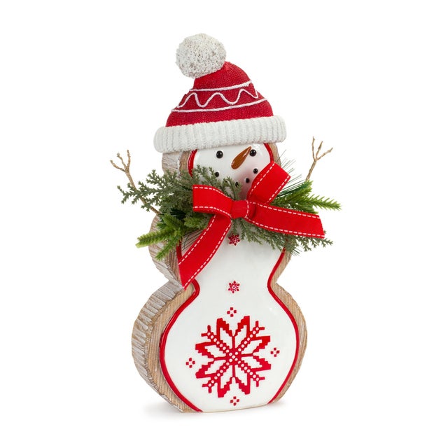 Contemporary Nordic Snowflake Snowman Figurine with Pine Bow Accent (Set of 2) For Sale - Image 3 of 3