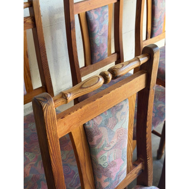 Solid Pine High-Back Upholstered Dining Chairs Set of 6 Vintage 1980s For Sale - Image 4 of 10