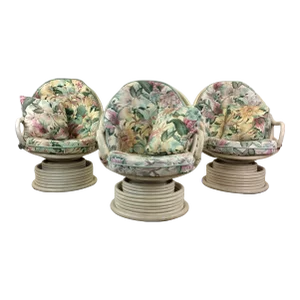 Set of 3 Vintage Rattan Lounge Chairs With Floral Upholstery