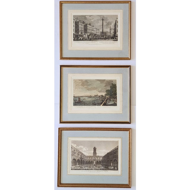 Antique 18th Century engravings of London in hand-colored and black and white engravings. The set represents sceneries of...