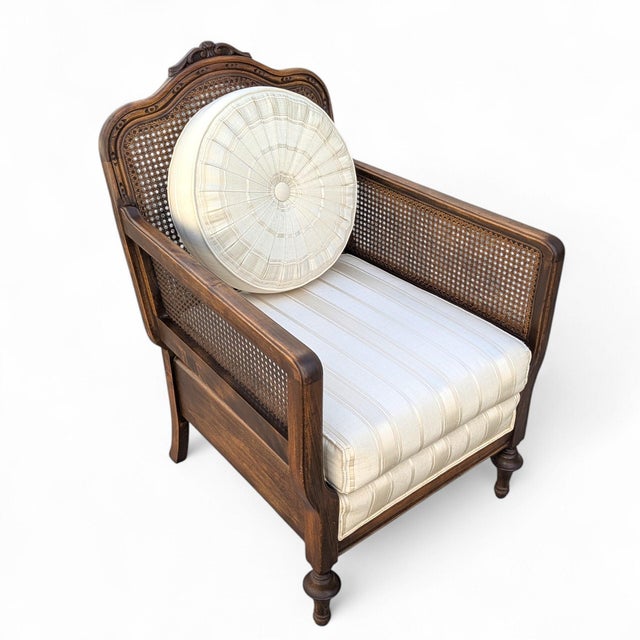 Late 20th Century Late 20th Century French Provincial Cane Armchair With Striped Upholstery For Sale - Image 5 of 14