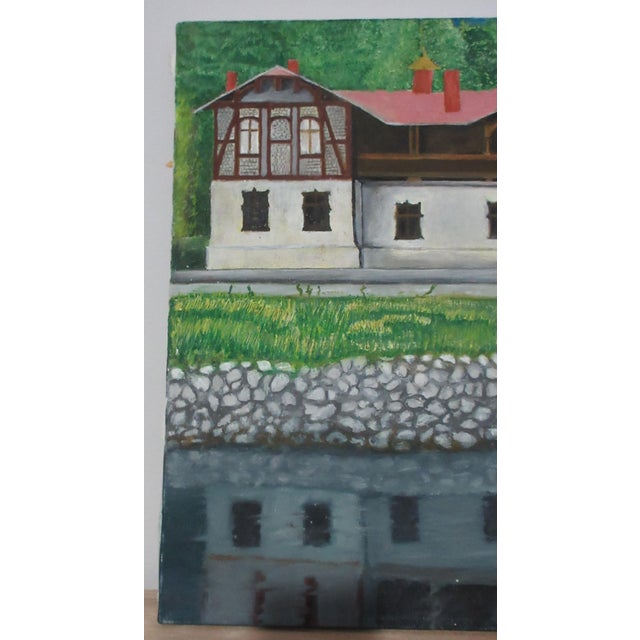 Impressionist Original Oil on Canvas Painting Estate Home W/ Stone Wall & Reflection - Unsigned 20x16" For Sale - Image 3 of 6