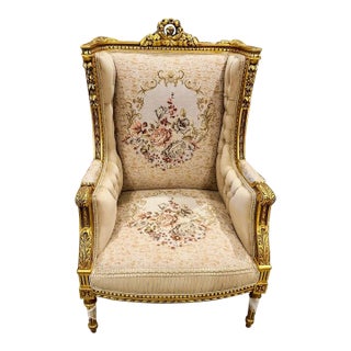 Rococo Style Gold Beige Bergere Wing Chair For Sale