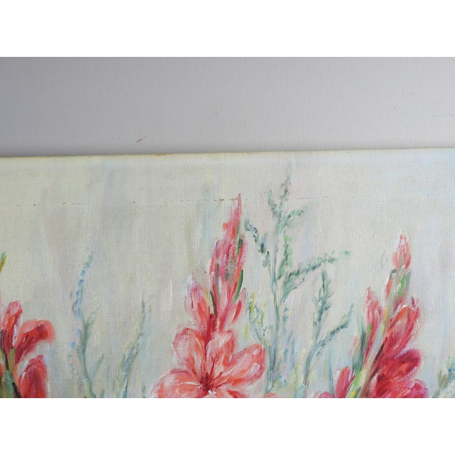 Mid 20th Century Vintage Pink Gladiolus Flowers in Blue Vase Still Life Painting For Sale - Image 5 of 6