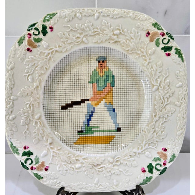 Ceramic English Mason’s Ironstone Sampler Needlepoint Sporting Plates With Embossed Floral Borders, Set of 6, Circa 1930 For Sale - Image 7 of 18