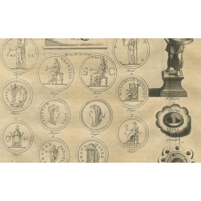 After Bernard de Montfaucon, Vesta and Vestal Virgins, Roman Statues and Coins, 1721, Engraving For Sale - Image 9 of 10