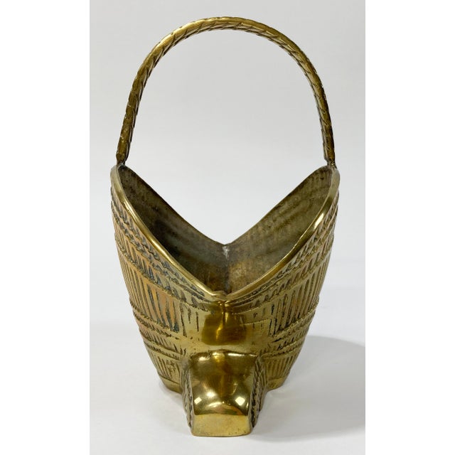 Metal Vintage Brass Clamshell Basket Planter With Handle For Sale - Image 7 of 9