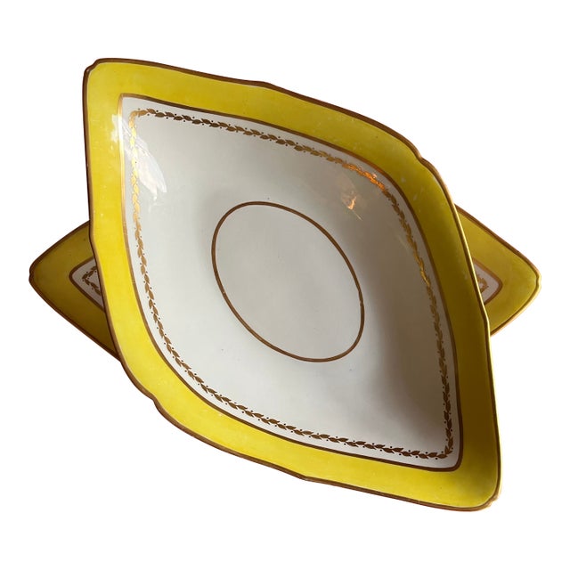 Large Antique Early 19th Century English George III Derby Porcelain Navette Shape Dishes With Yellow Border Circa 1800 - A Pair For Sale