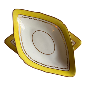 Large Antique Early 19th Century English George III Derby Porcelain Navette Shape Dishes With Yellow Border Circa 1800 - A Pair