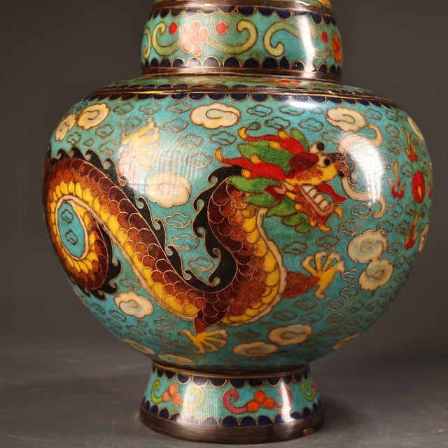 Turquoise Pair of Vintage Cloisonne Enamel Vases – 11.8" Dragon & Phoenix Bottle Vases For Sale - Image 8 of 10