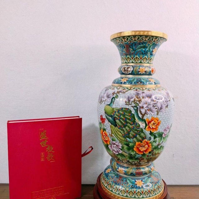 Wood Early 21st Century Official Gift Cloisonné Enamel "Song of Prosperity" Peacock Vase For Sale - Image 7 of 7