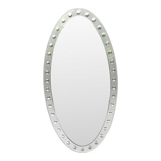 A Jonathan Adler Venetian Style Optic Convex Etched and Beveled Oval Mirror For Sale
