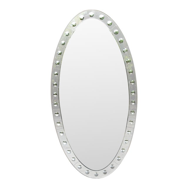 A Jonathan Adler Venetian Style Optic Convex Etched and Beveled Oval Mirror For Sale