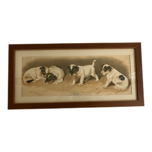 Late 19th Century Sweet Victorian Lithograph of Puppies by Helen Maguire. Framed.